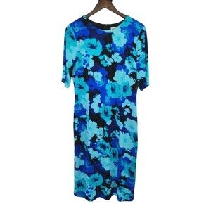 North Style Women's Midi Dress Floral Blue Flounce Hem Lined 3/4 Sleeve Size 16